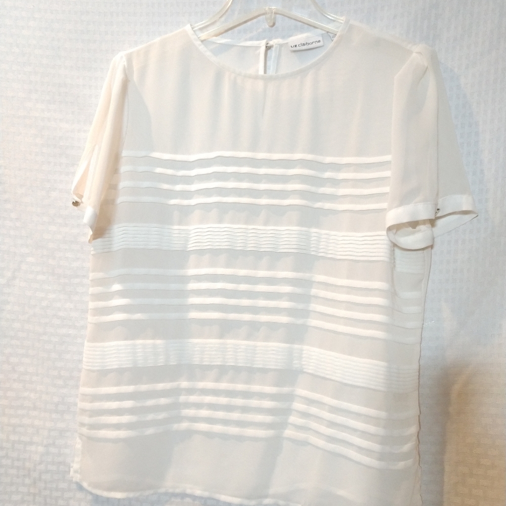Liz Claiborne White Blouse SHEER Short Sleeve Medium Chest 36" Office Business
